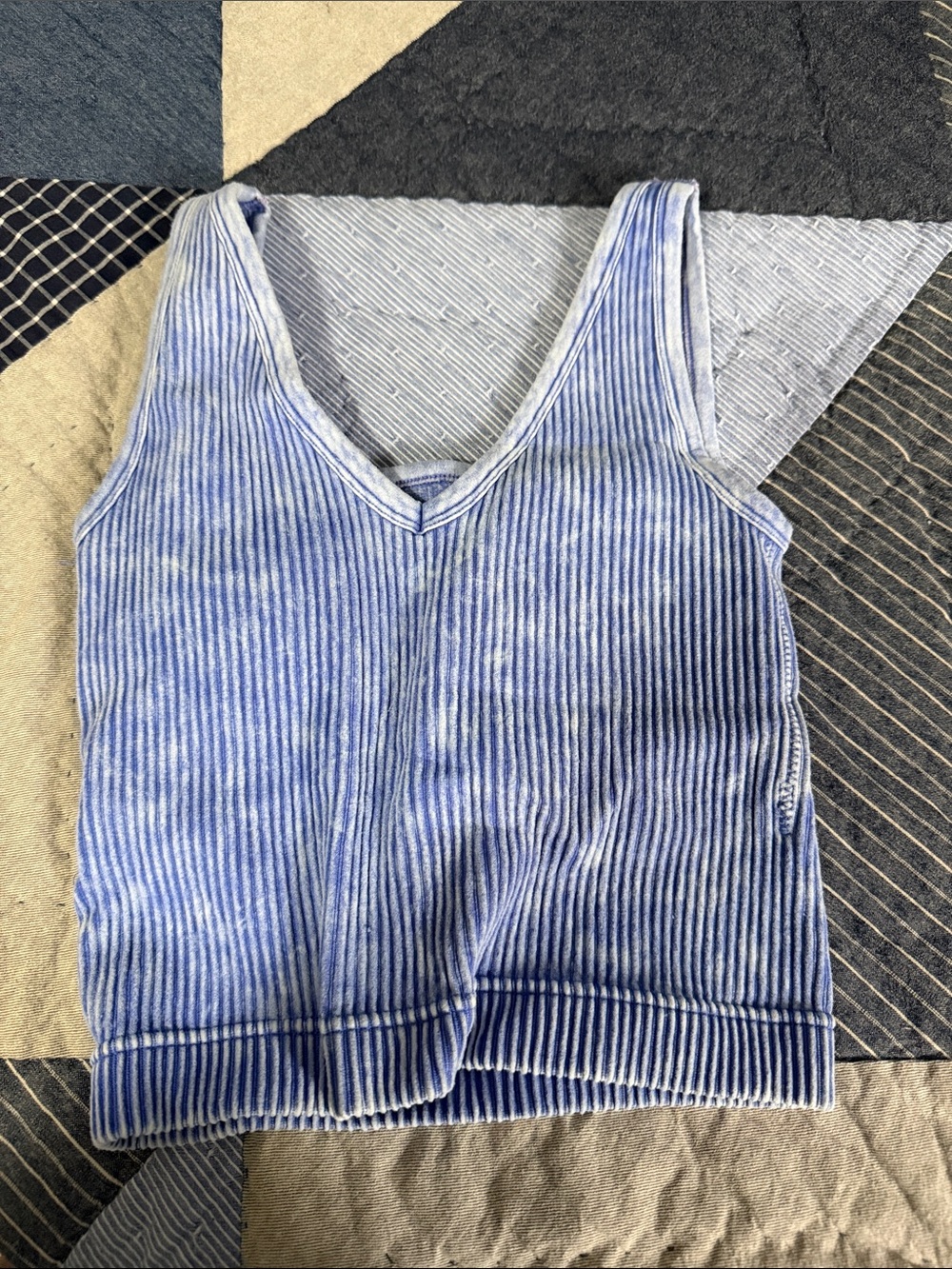 Ribbed V-Neck Tank Top in Light Blue Stripe